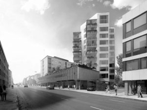 Det nya punkthuset sett från S:t Larsgatan. Illustration av Kod Arkitekter